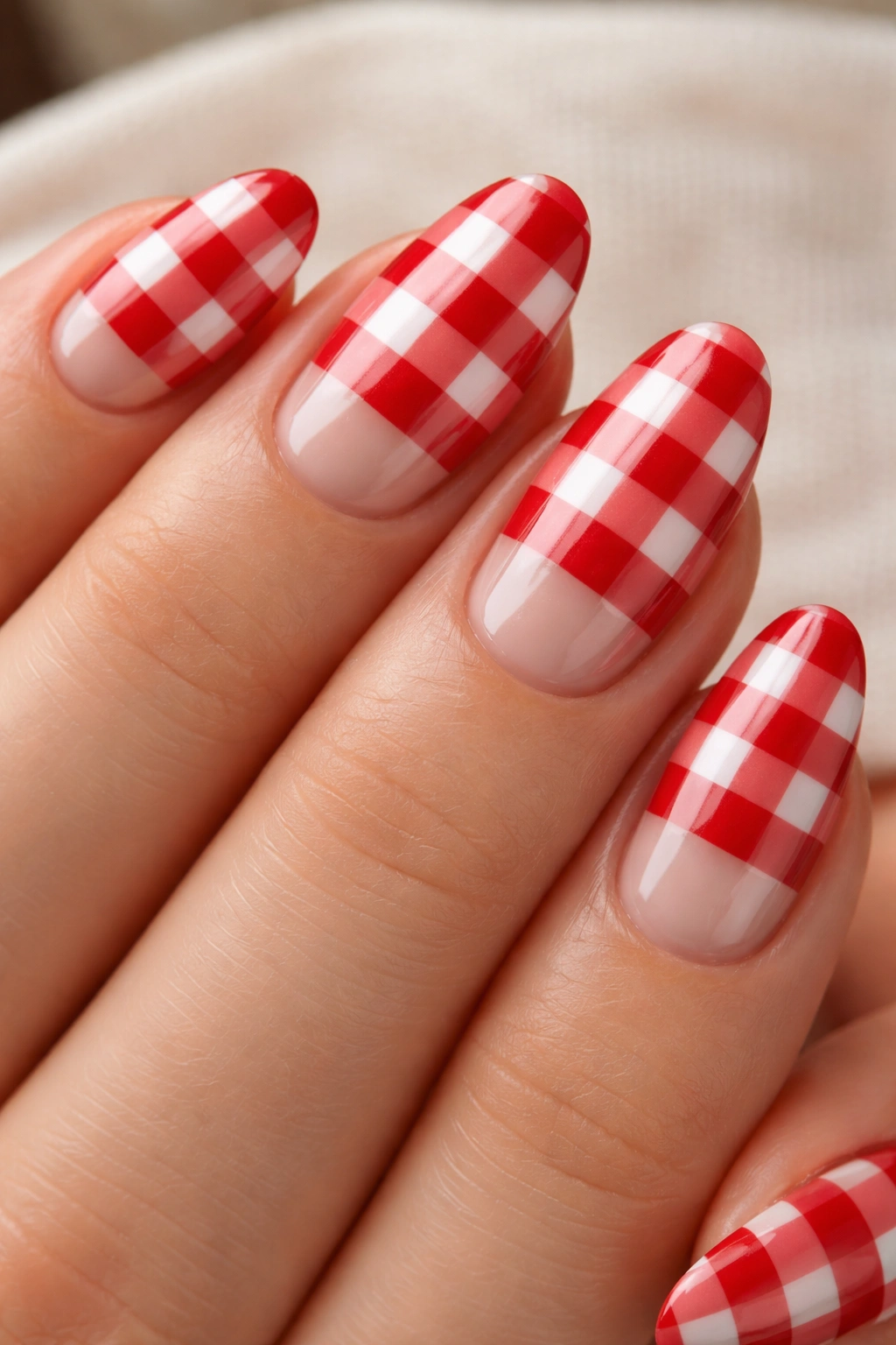 Close-up of short almond nails with sheer pink base and cherry-red checkerboard pattern