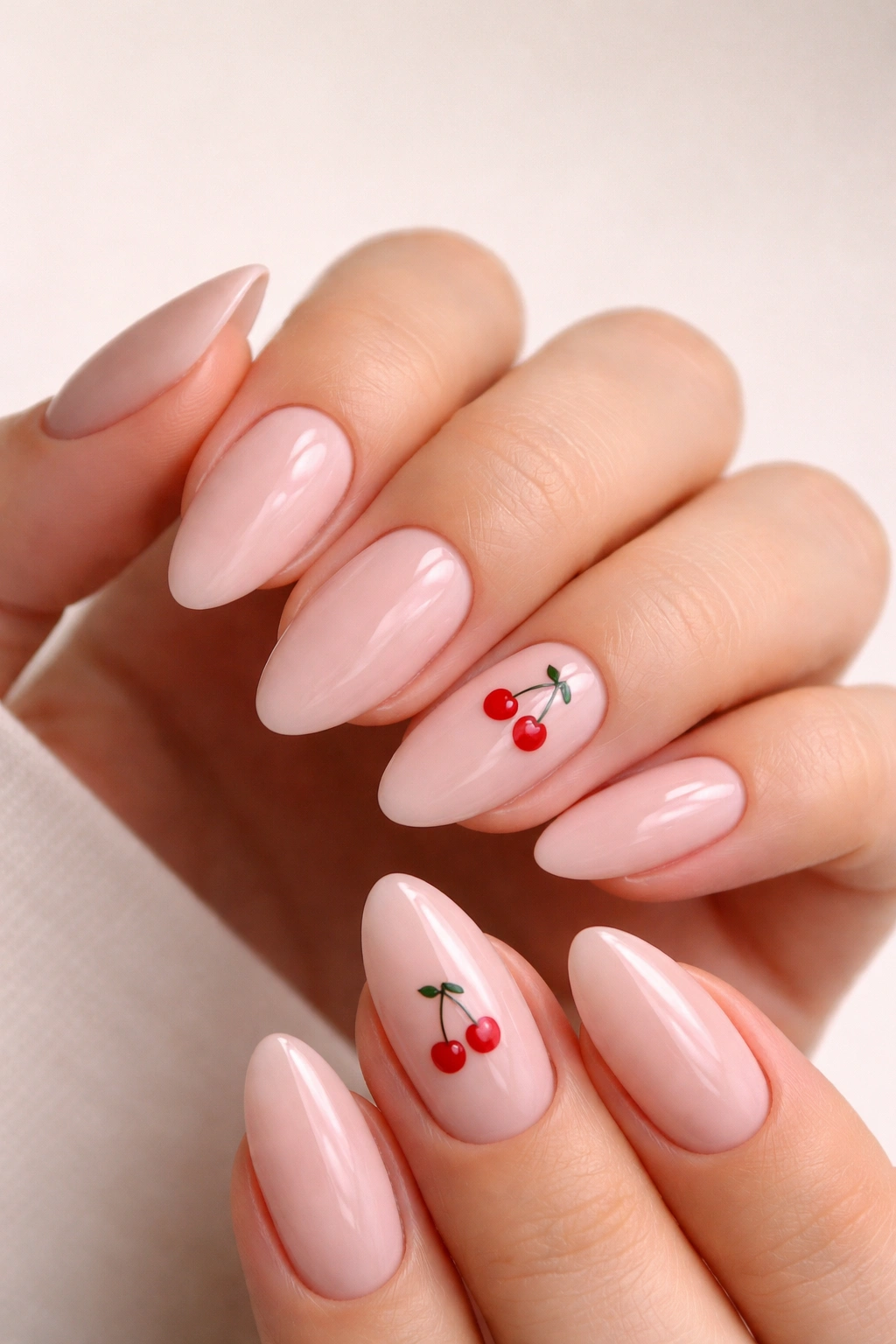 Almond nails with pale pink base and a small red cherry accent on one nail