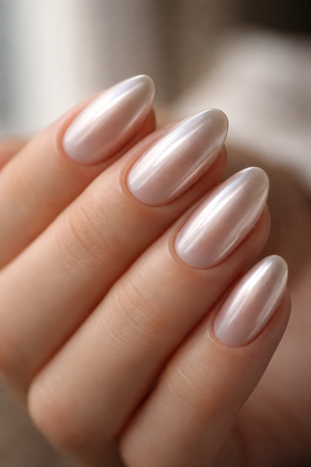 Close-up of short almond nails with soft champagne chrome on neutral base