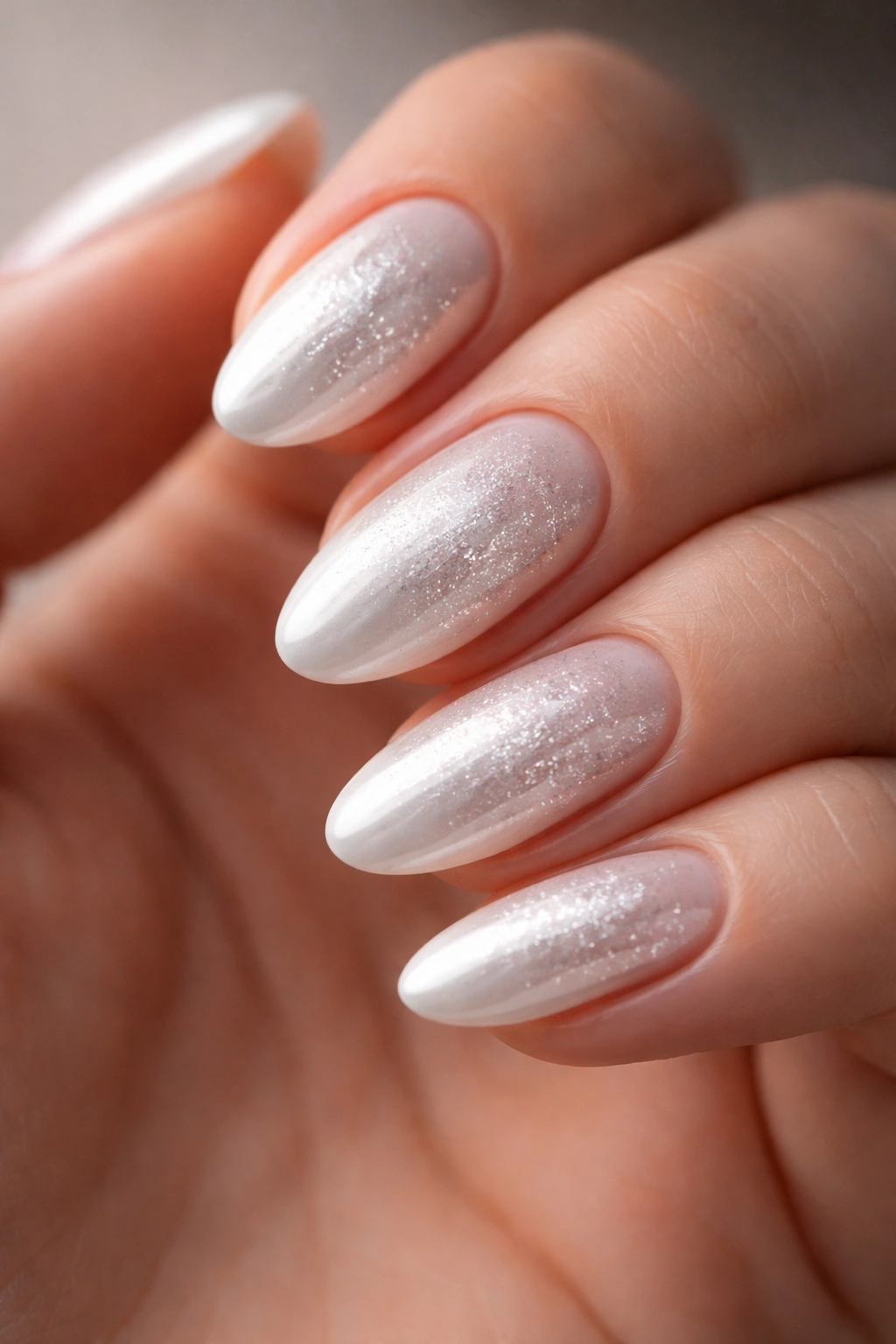 Short almond nails with white chrome and micro glitter sparkle