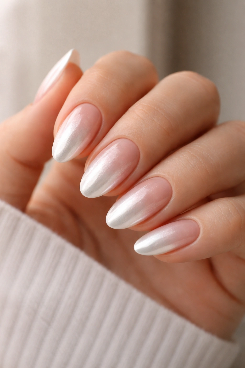Short almond nails with white chrome ombré fade