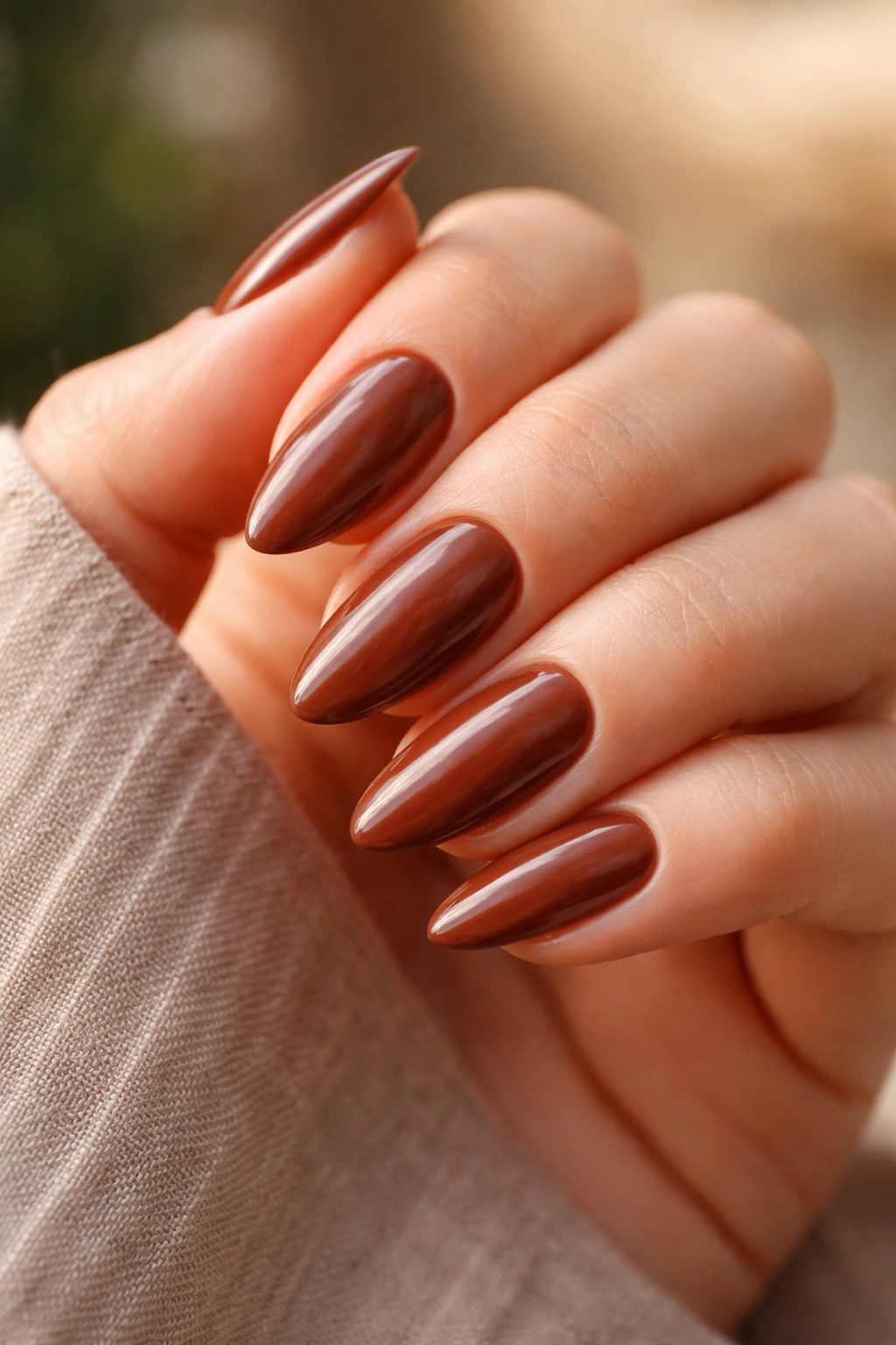 Close-up of cinnamon brown almond nails with warm undertones