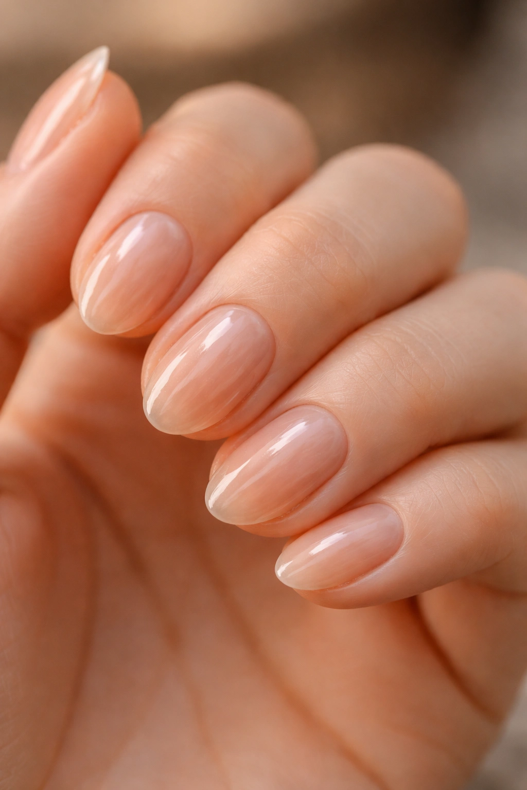 Close-up of very short almond nails with a clear glossy finish
