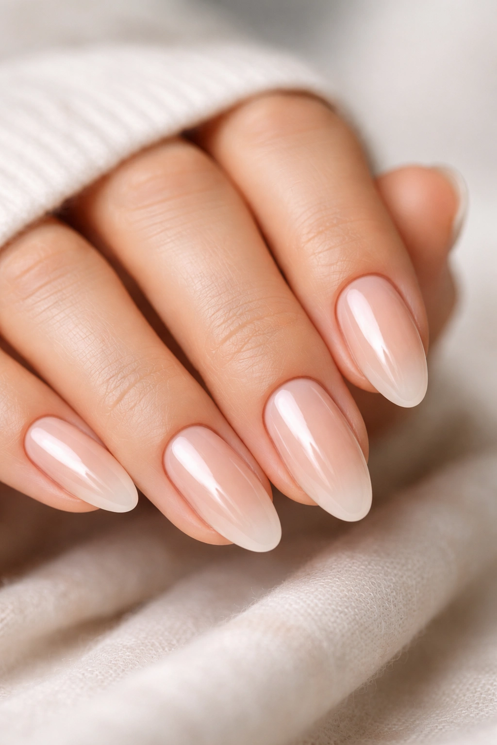 Close-up of almond nails with a clear nude overlay on natural nails