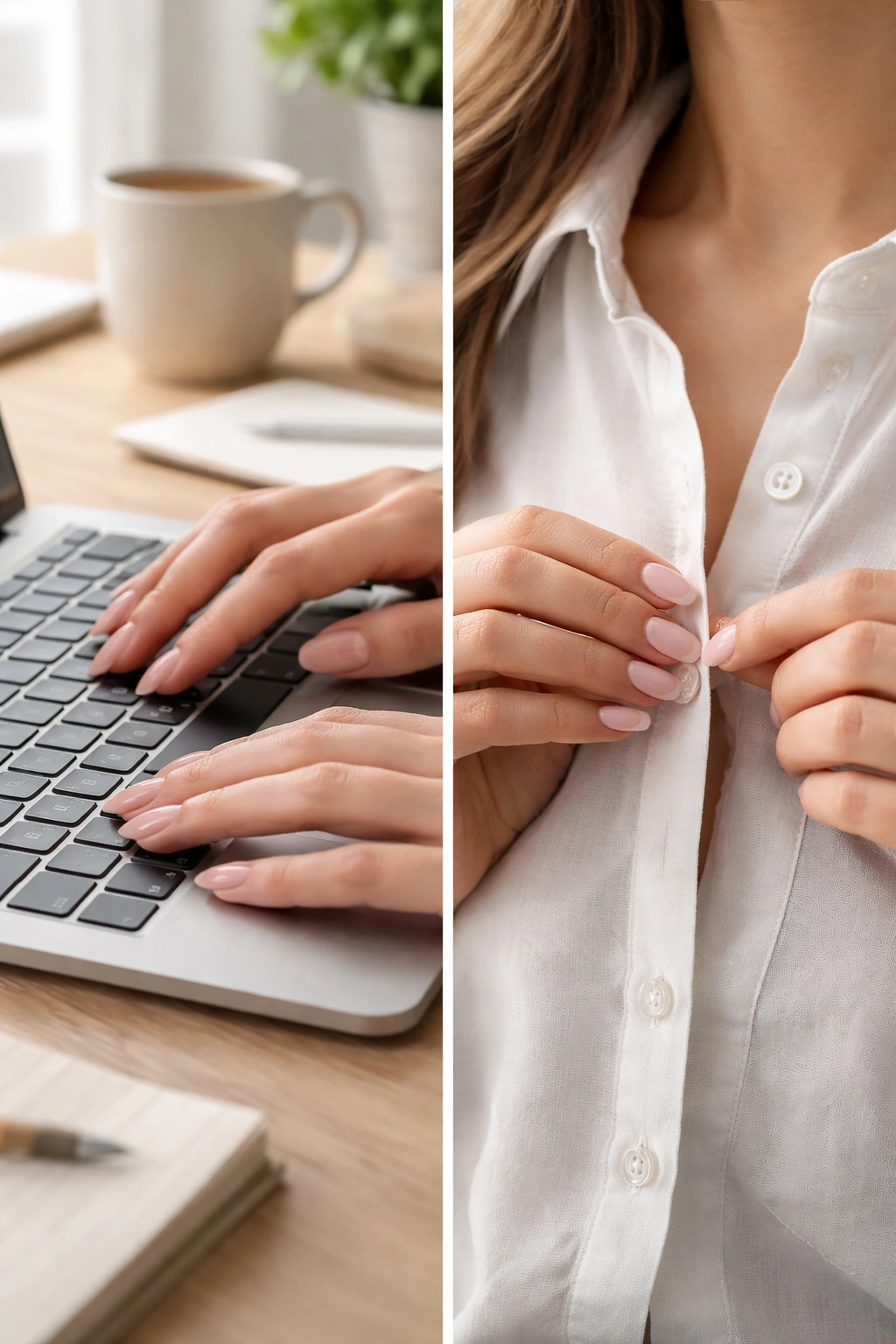 Hands with almond nails typing and coffin nails buttoning clothing.