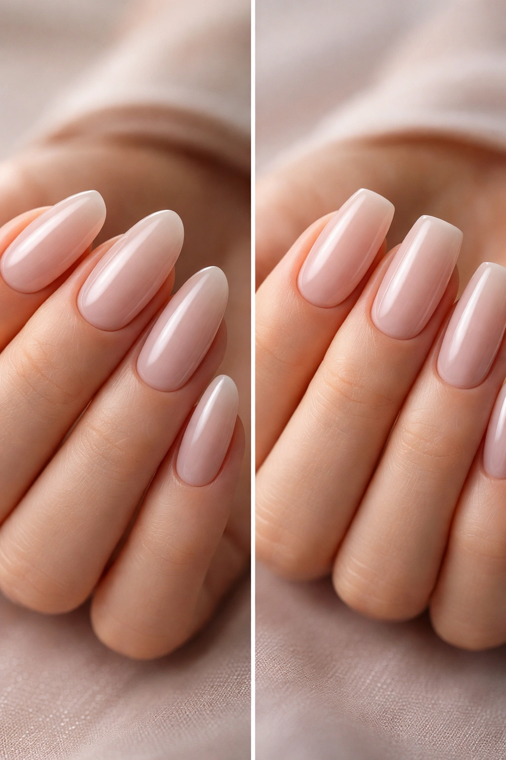 Close-up of almond nails and coffin nails side by side, showing tapered vs squared tips.