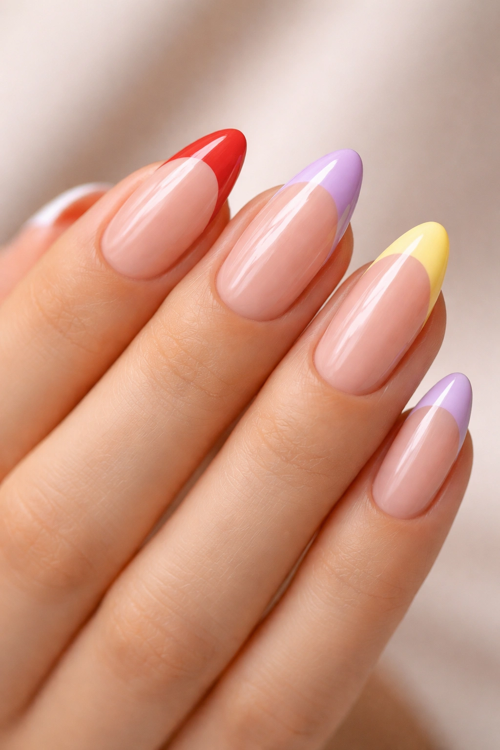 Almond nails with colorful tips in various hues on nude base