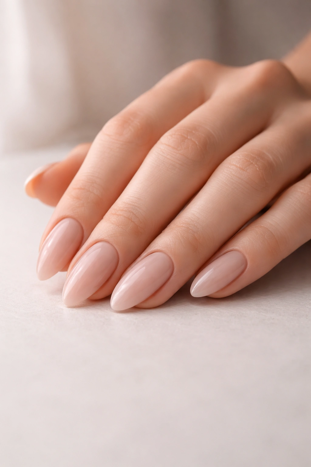 Hand with almond-shaped nails resting on a neutral surface