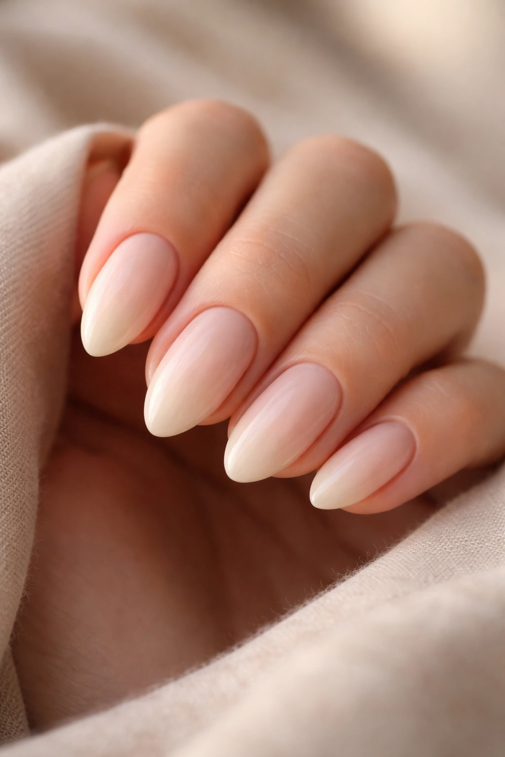 Close-up of almond nails in cream and blush tones with natural lighting