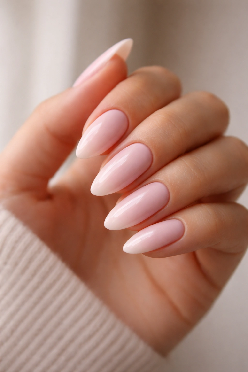 Close-up of a single hand with creamy pink almond nails on a neutral background.