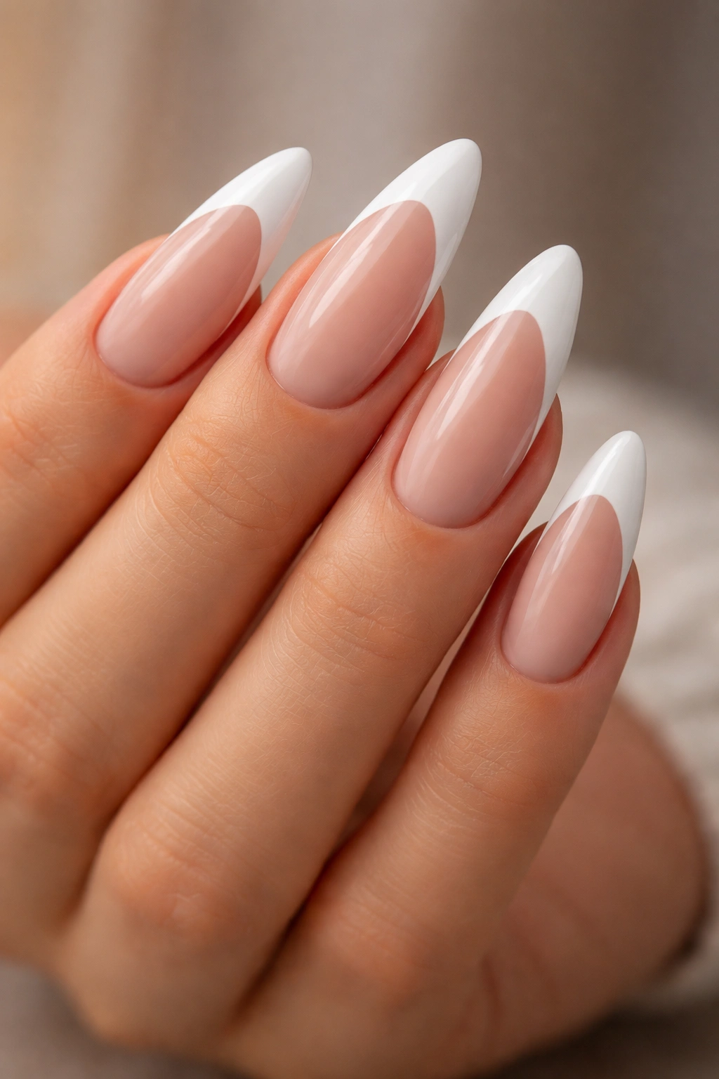 Close-up of long almond nails with a deep white French tip on a neutral background