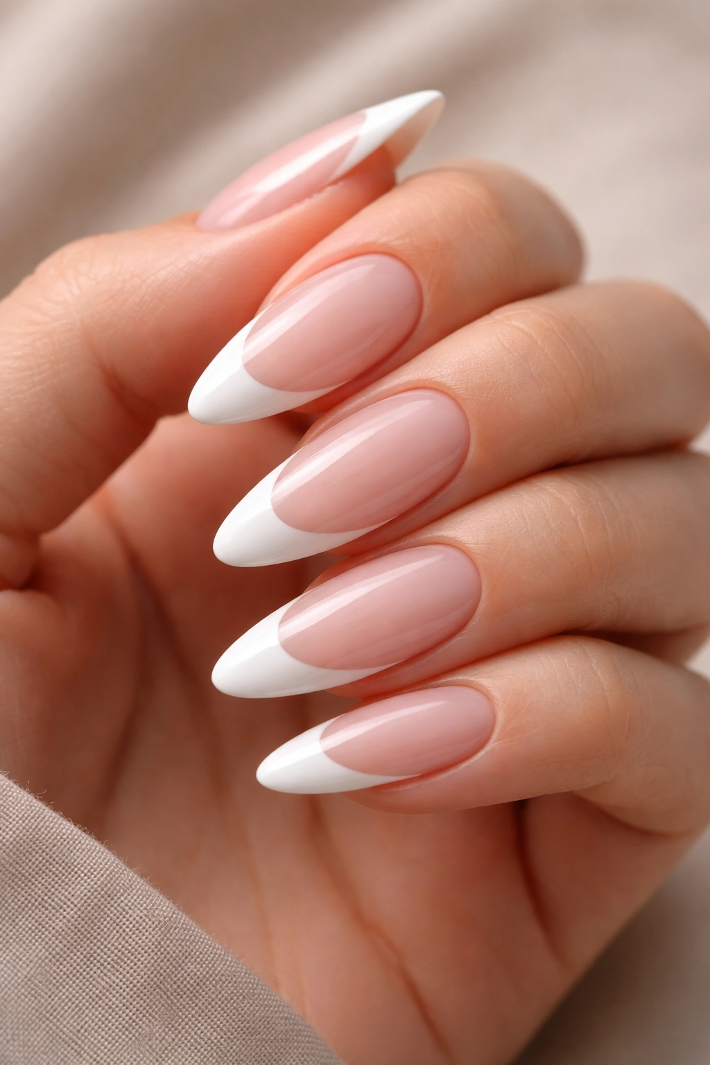 Almond nails with a deep, curved white smile line on a sheer pink base