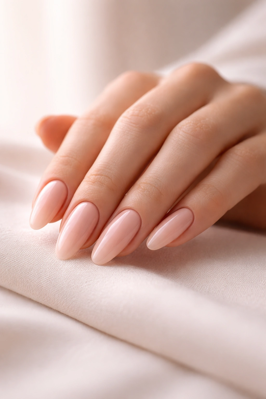 Close-up of almond nails with rounded tips and nude polish.