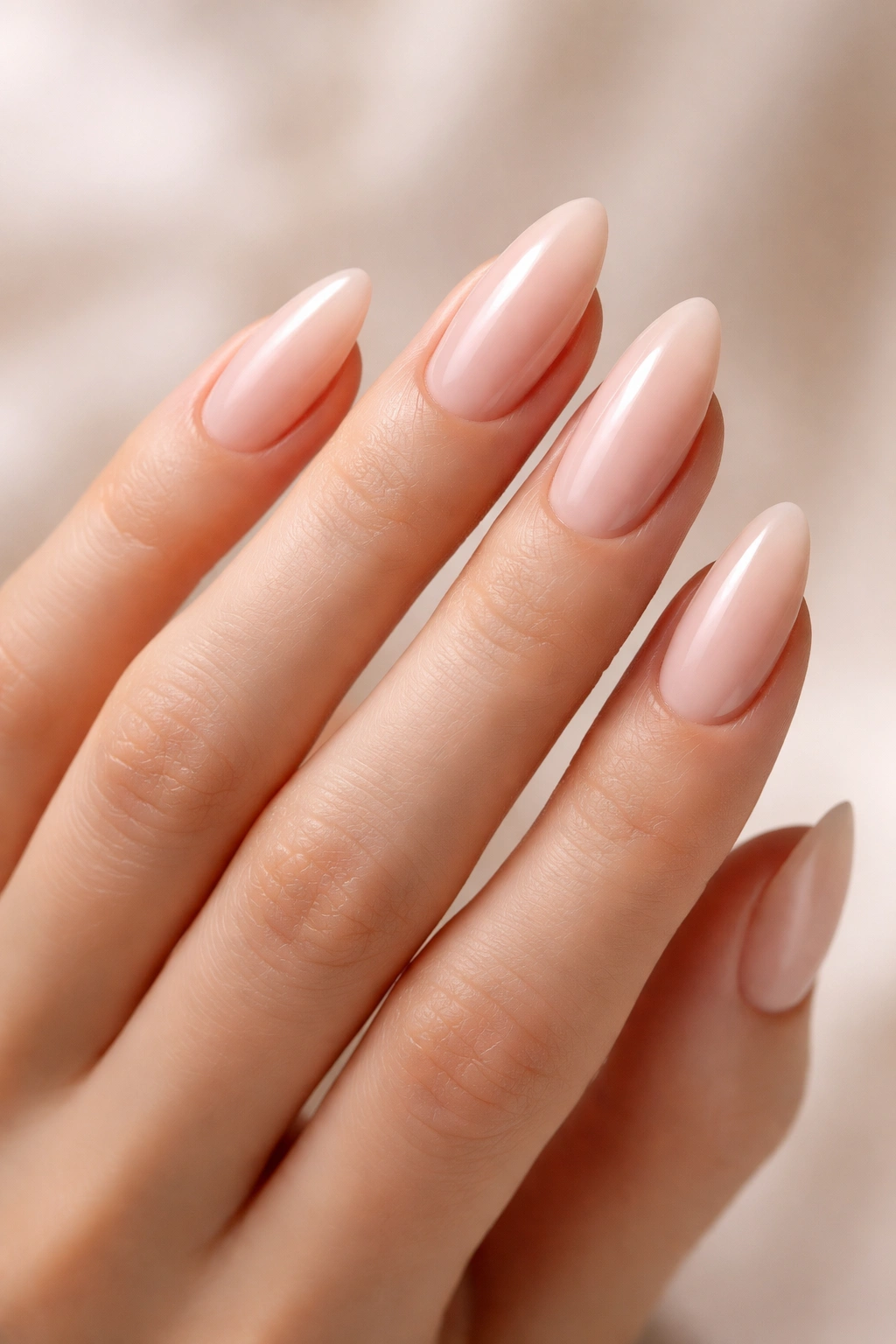 Almond-shaped nails on slender fingers creating elongation effect