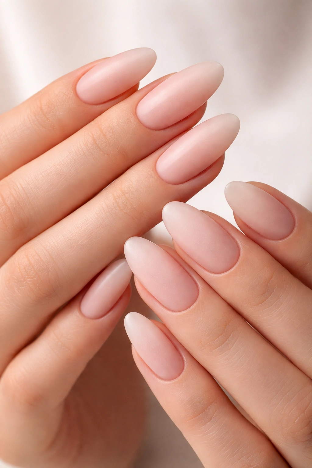 Close-up of hands with long rounded almond nails in soft matte frosted finish