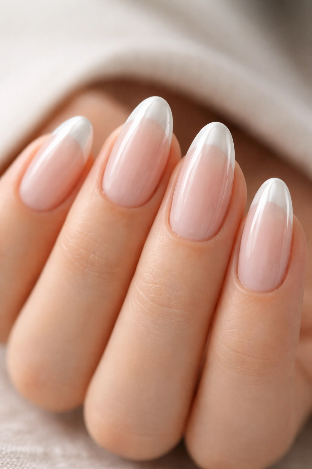 Short almond nails with snowy French chrome tips on nude base