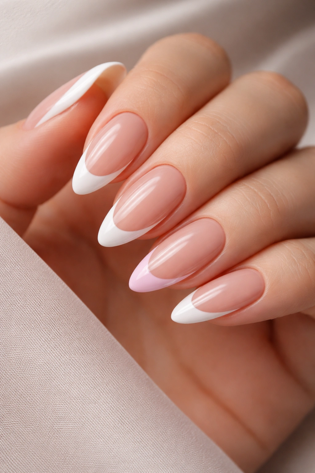 Close-up of almond nails with a deep curved French tip on a hand
