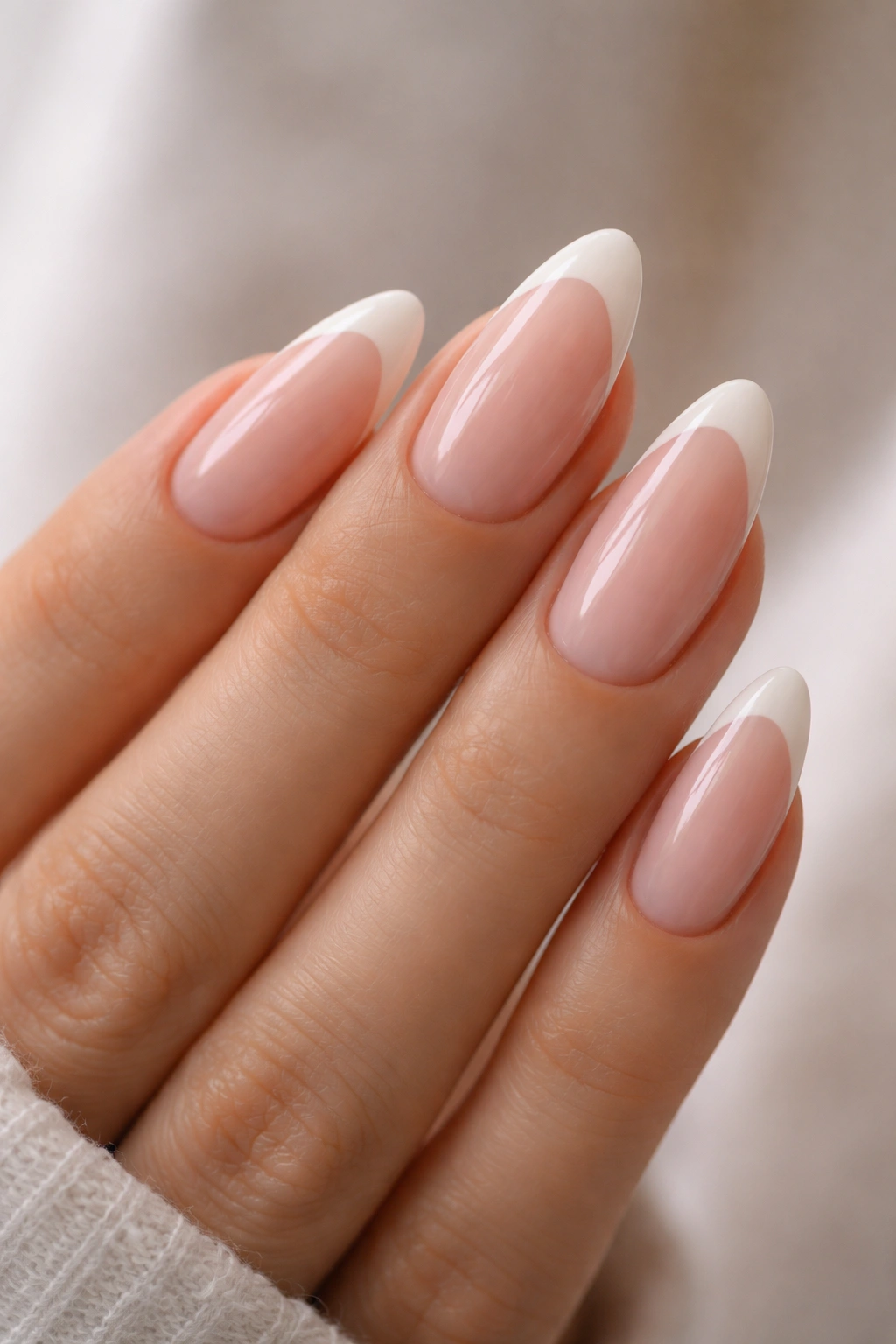 Close-up of almond nails with pink base and thin white French tips