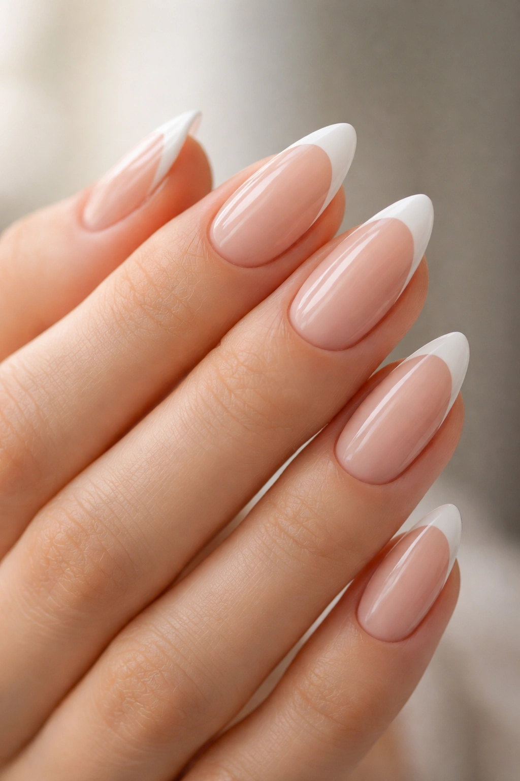 Close-up of almond nails with sheer pink base and slim white French tips.