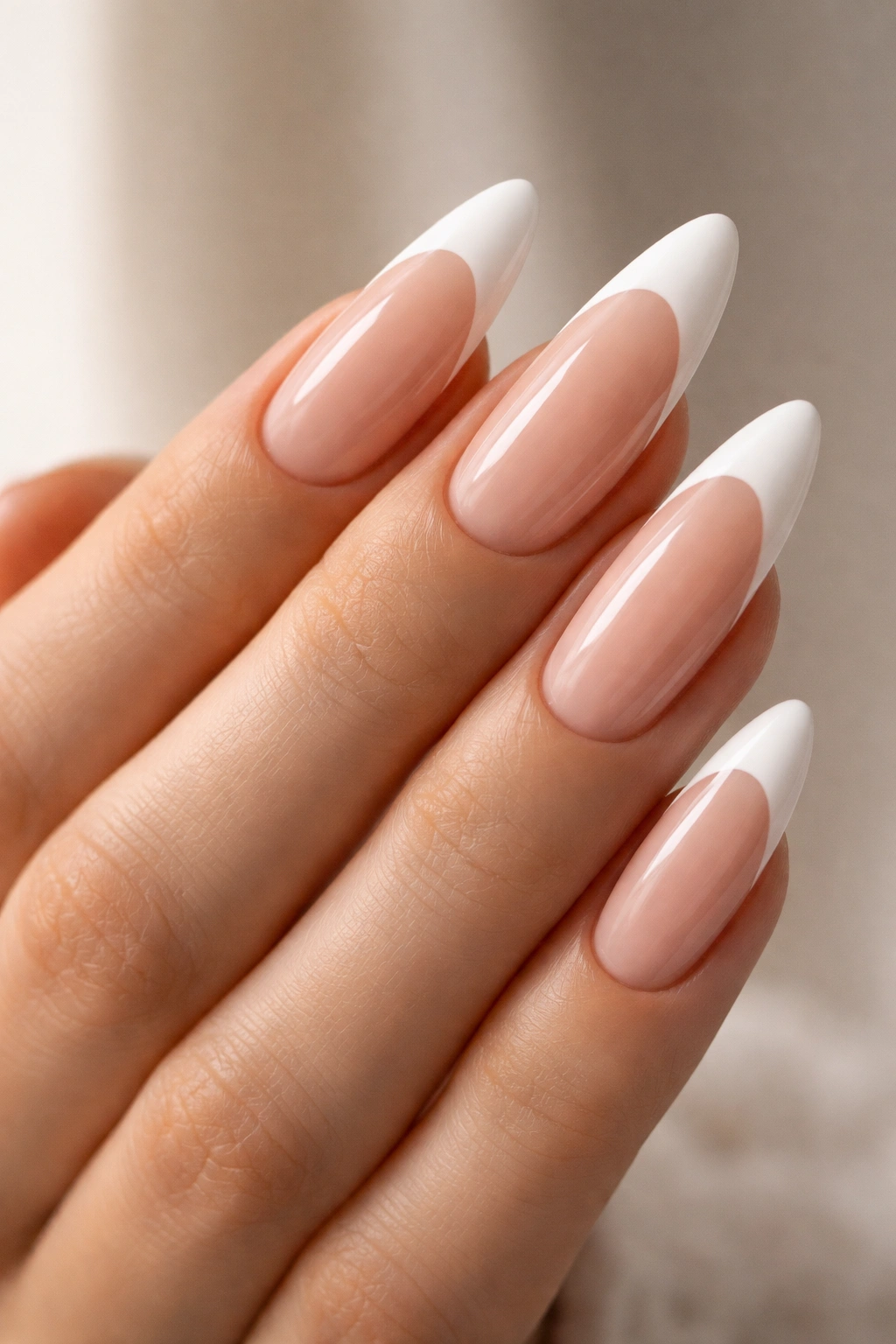 Close-up of long almond nails with white French tips on a nude base, high shine