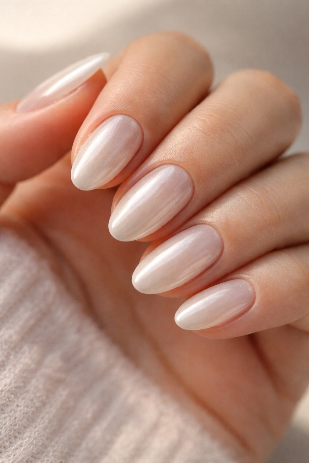 Short almond nails with glazed donut white chrome over nude base