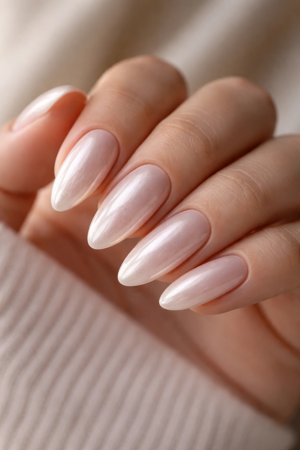 Close-up of almond nails with pearl chrome glaze on a soft base.