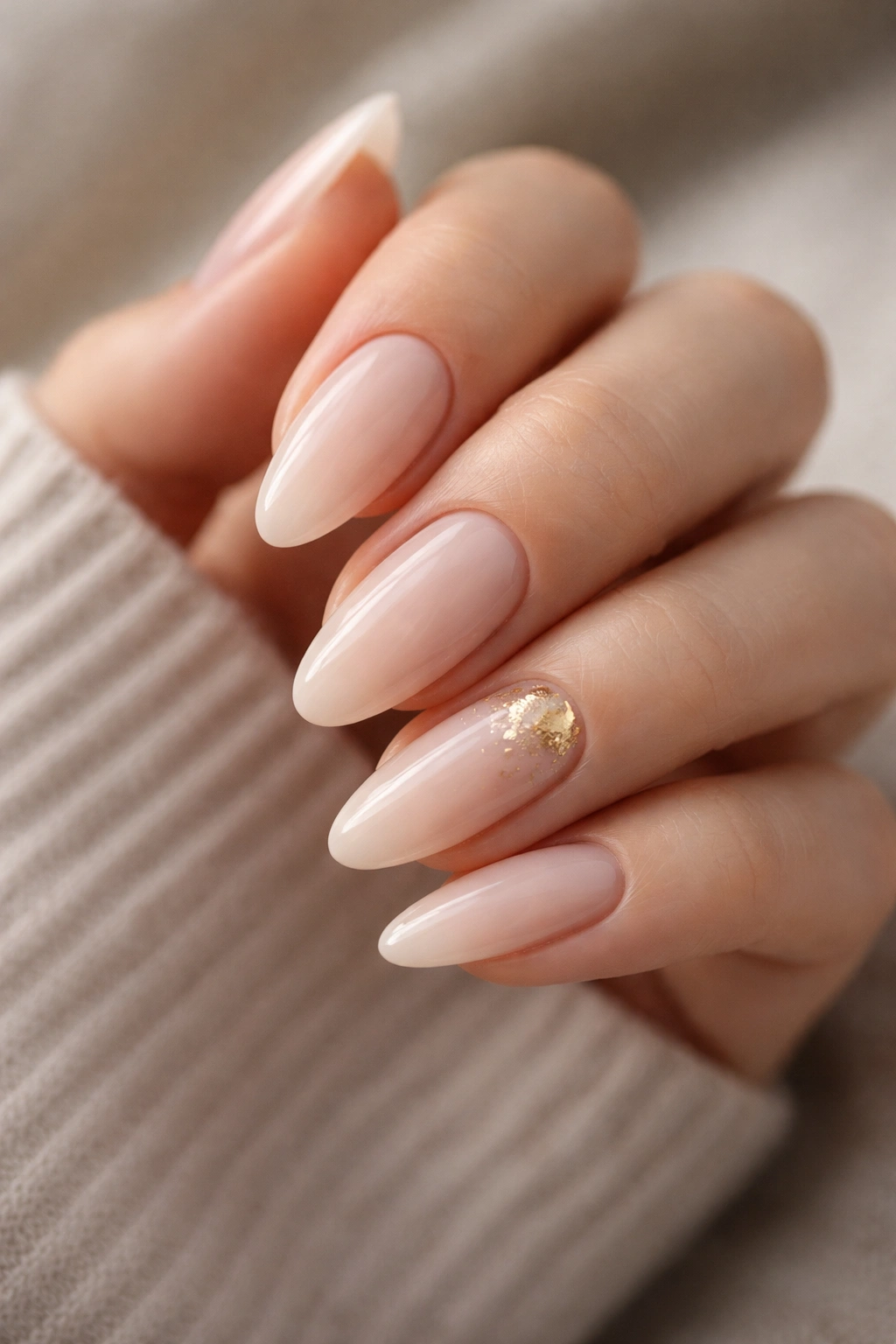 Almond nails with gold foil accents on milky nude base