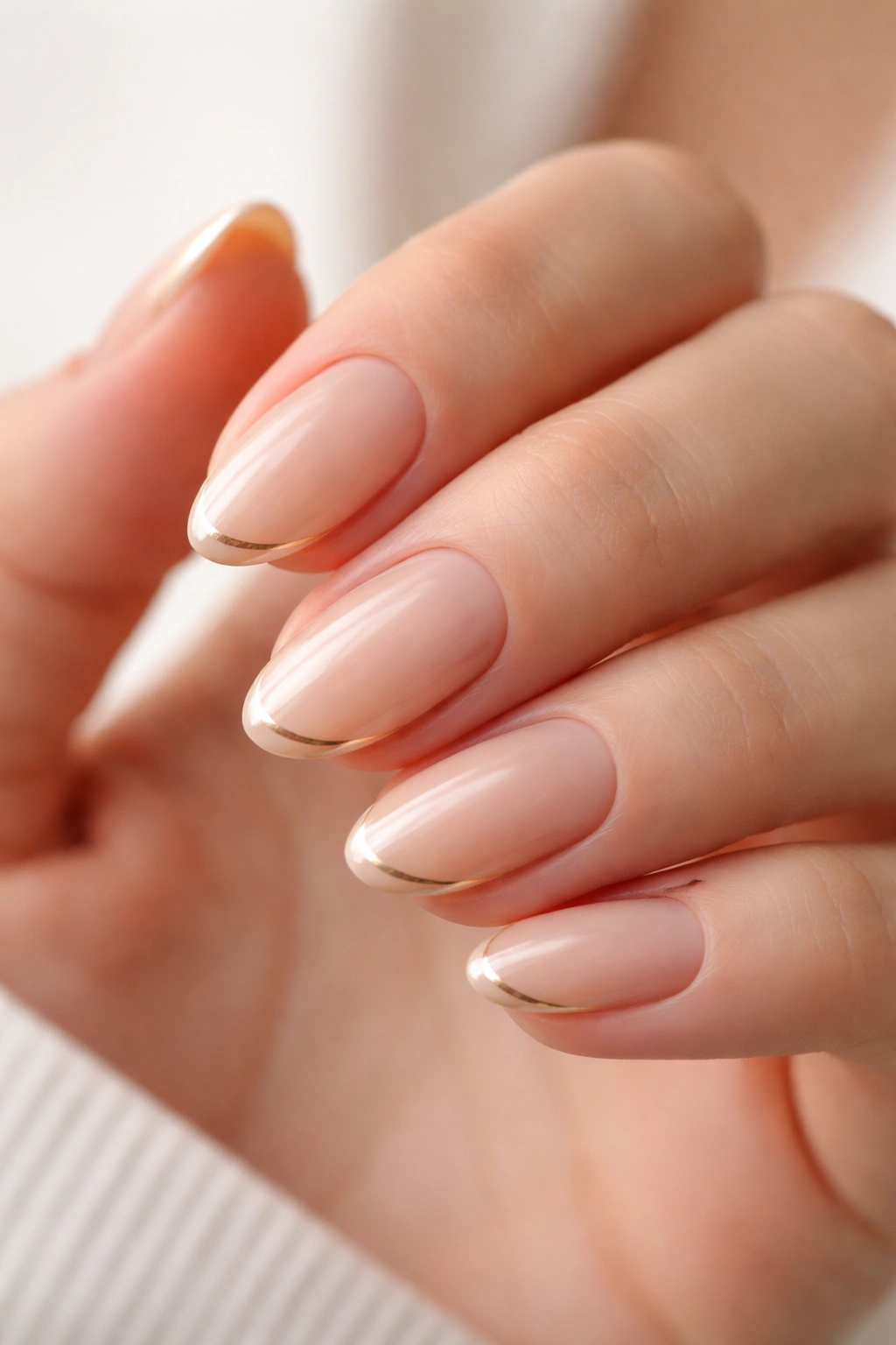 Close-up of almond nails with a thin gold line on a nude base