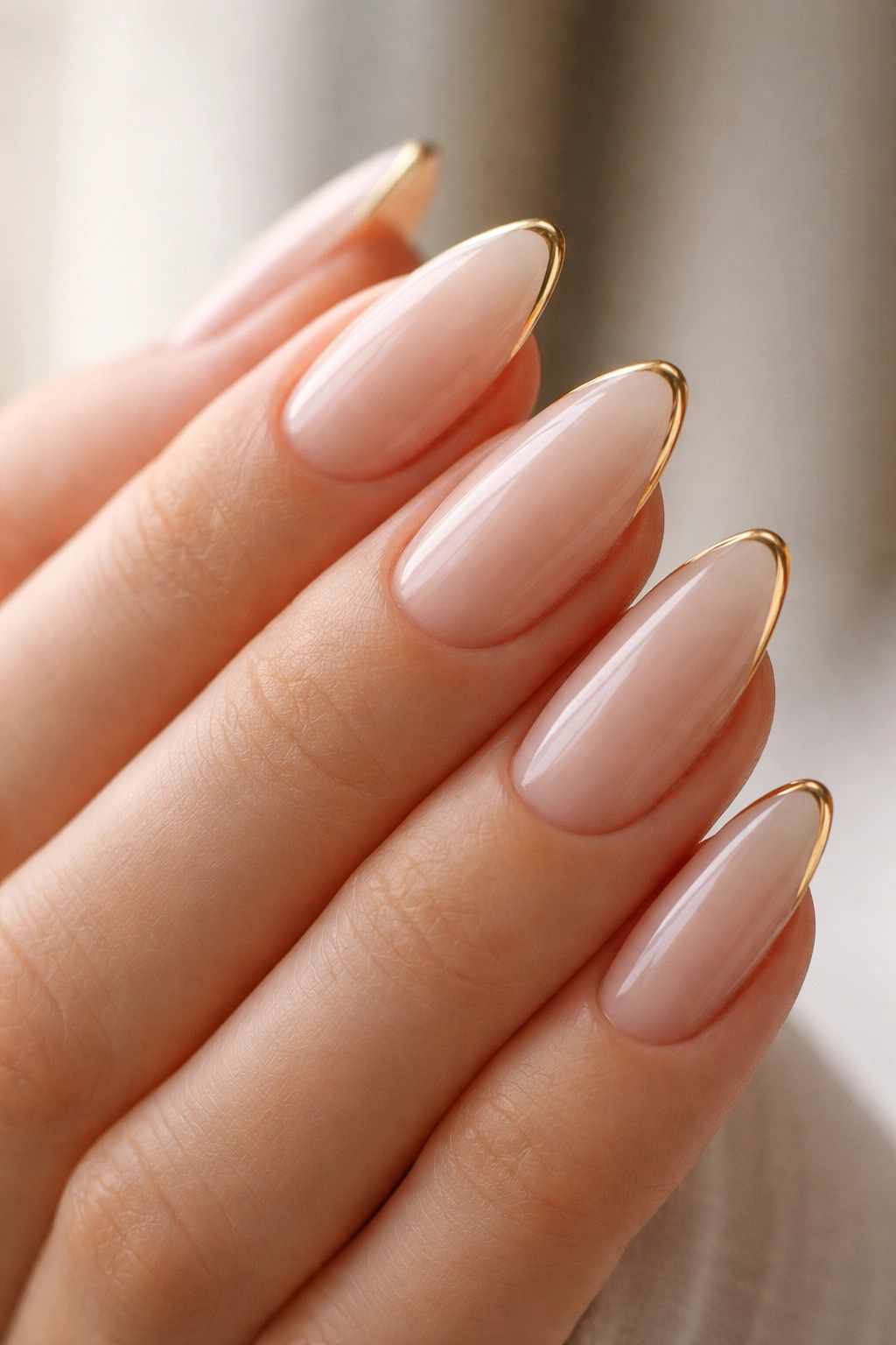 Almond nails with sheer milky base and fine gold tips.