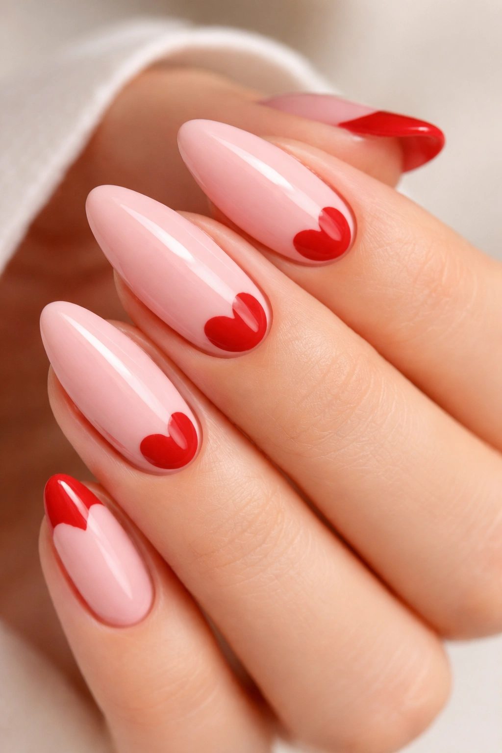 Almond nails with tiny red hearts on pink and red nails