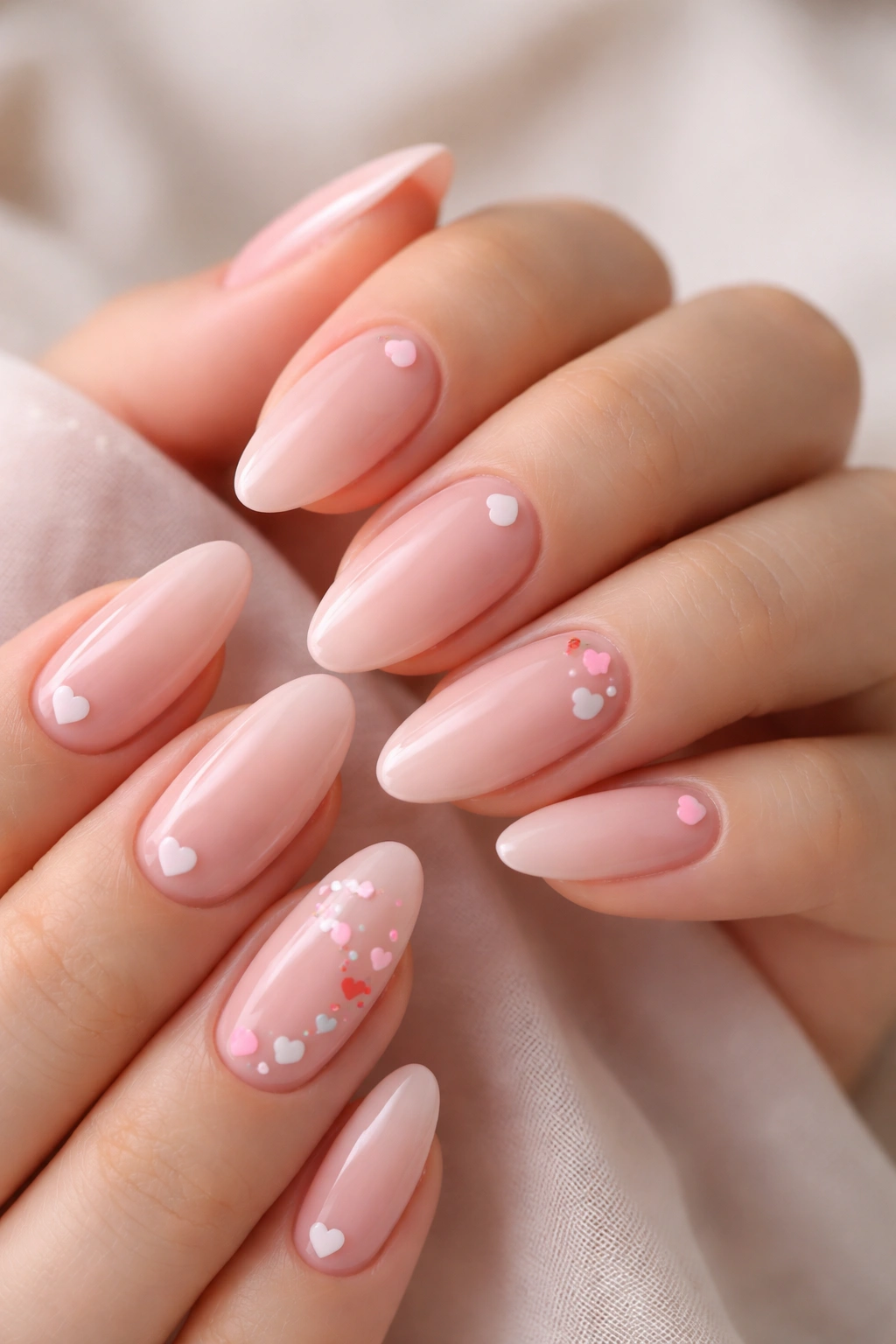 Close-up of almond nails with tiny heart accents on sheer pink base