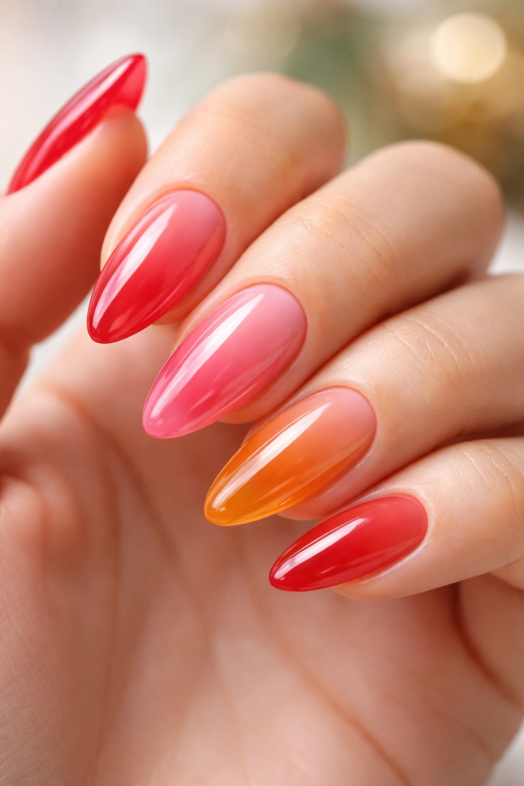 Almond nails with translucent jelly polish showing glossy, see-through color