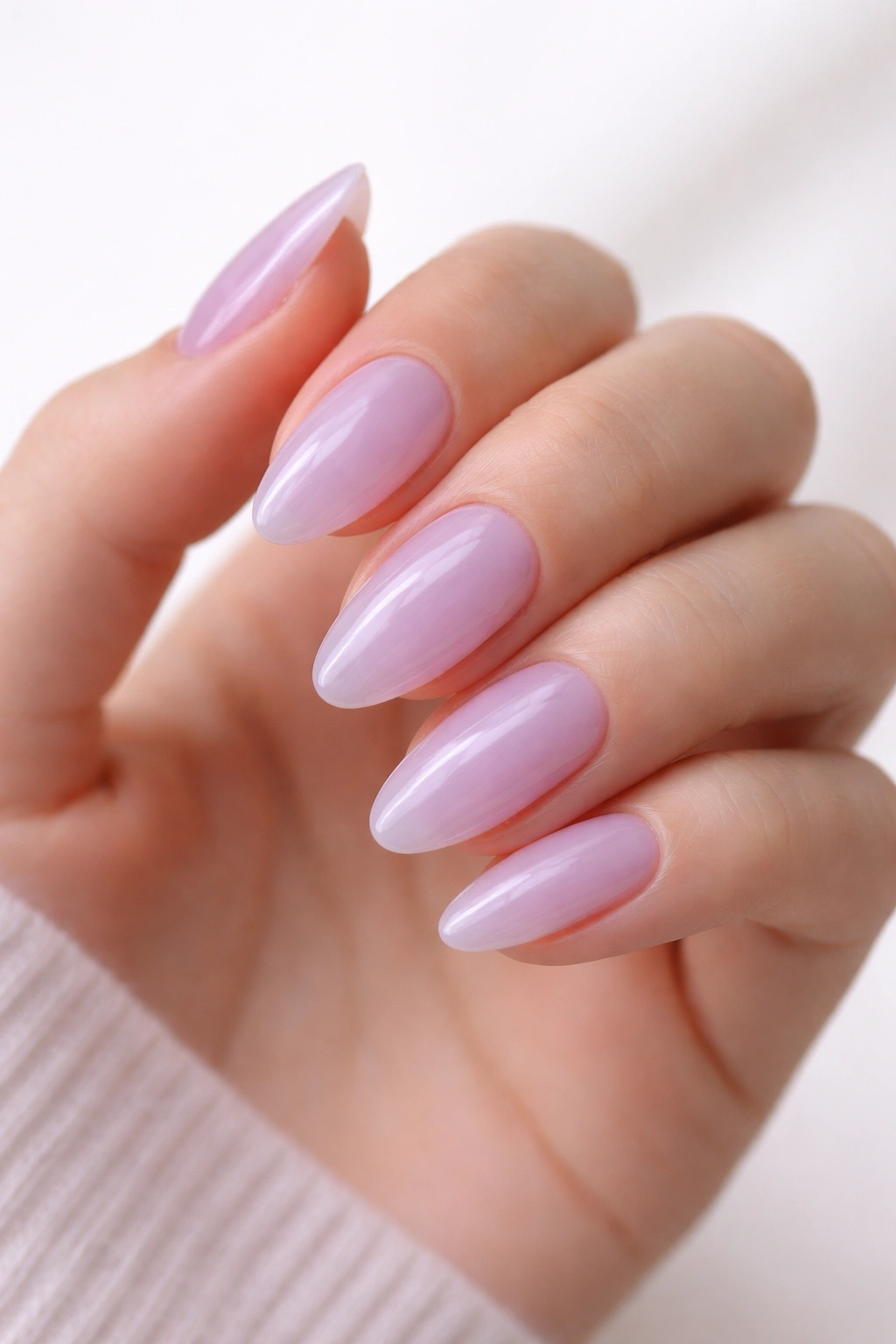 Close-up of sheer lavender almond nails on a hand