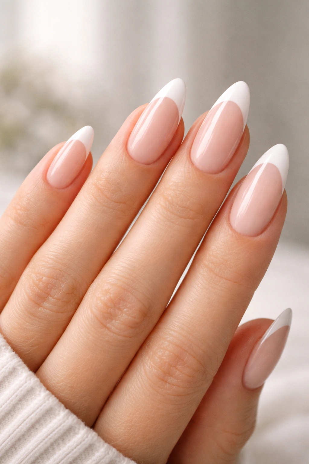 Close-up of a hand showing short, medium, and long almond nails with varying French tip thickness