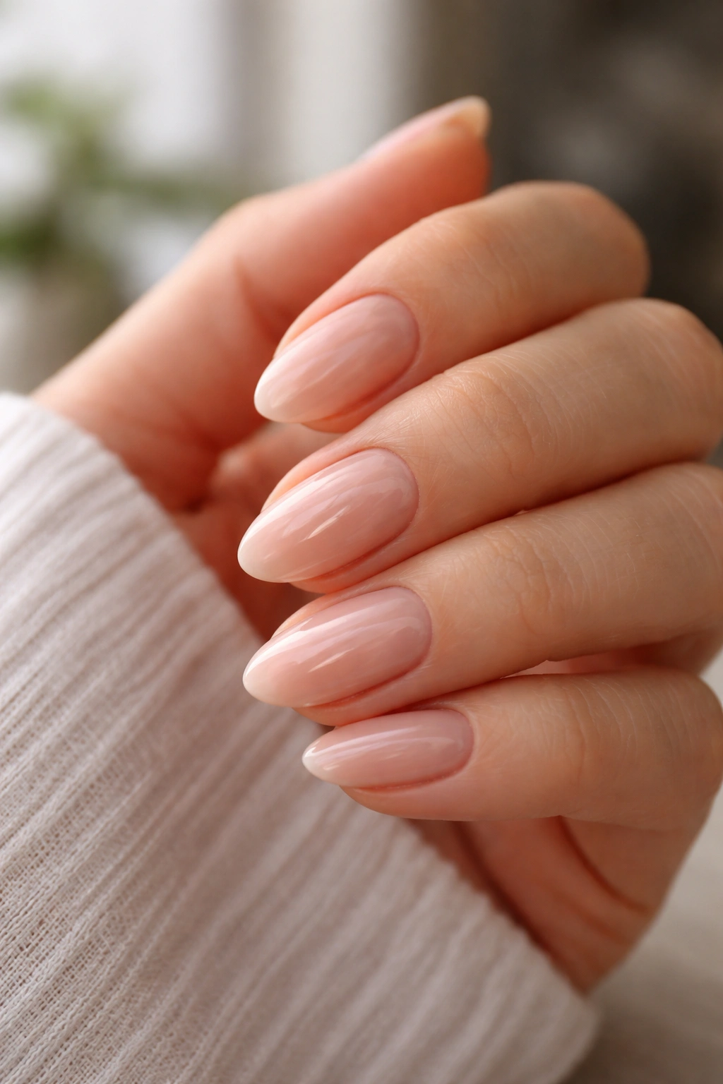 Close-up of short almond nails with a glossy top coat and healthy-looking cuticles.
