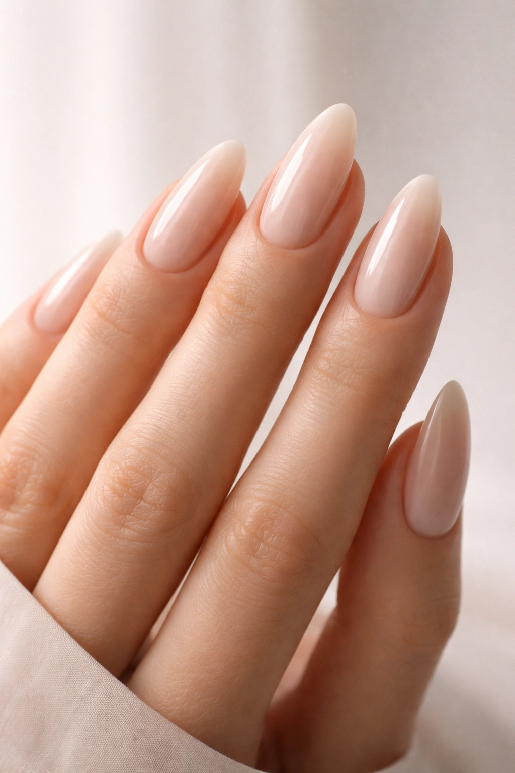 Close-up of almond-shaped nails on a hand with long fingers showing a tapered feminine manicure.