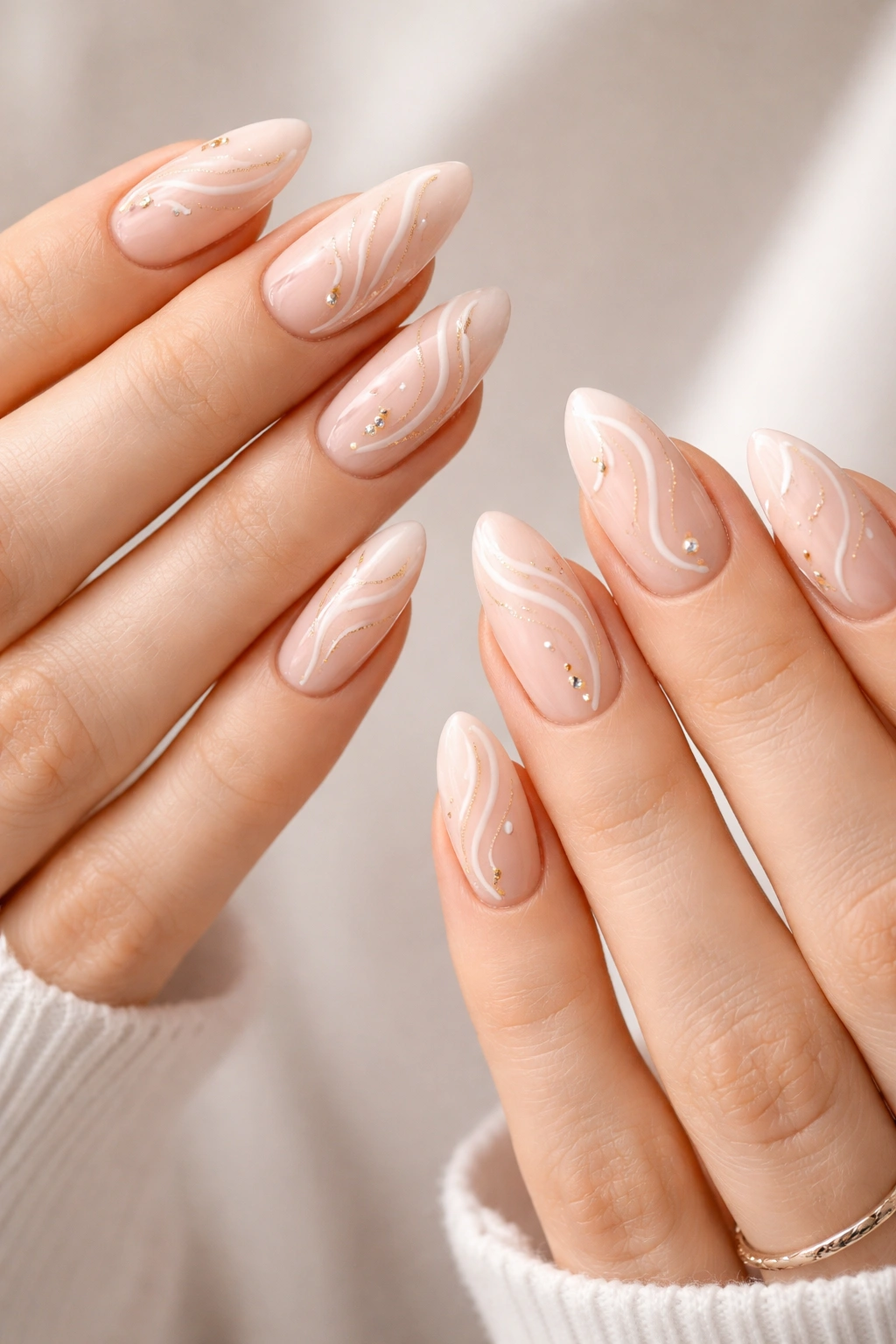 Close-up of two hands with almond-shaped nails in matching minimalist designs