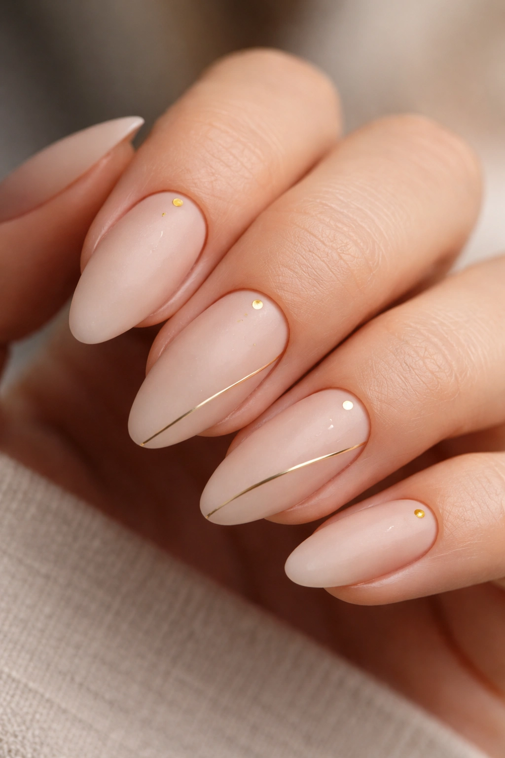 Matte nude almond nails with tiny gold accents and glossy stripe.
