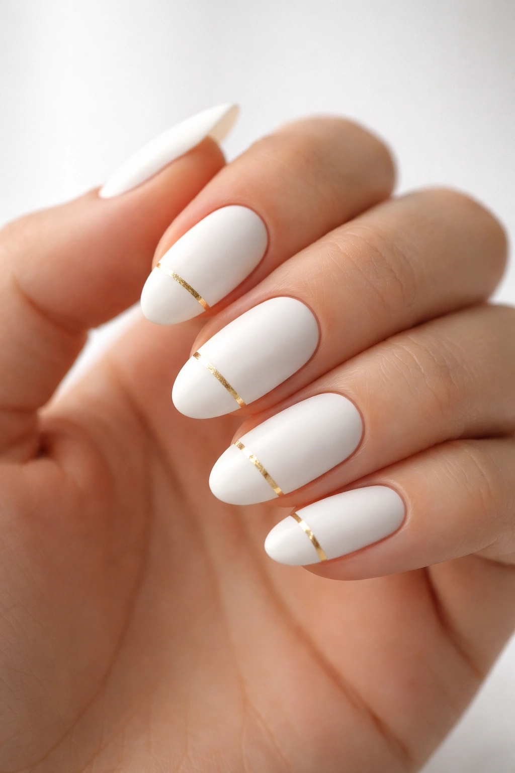 Close-up of white almond nails with matte finish and gold stripe.