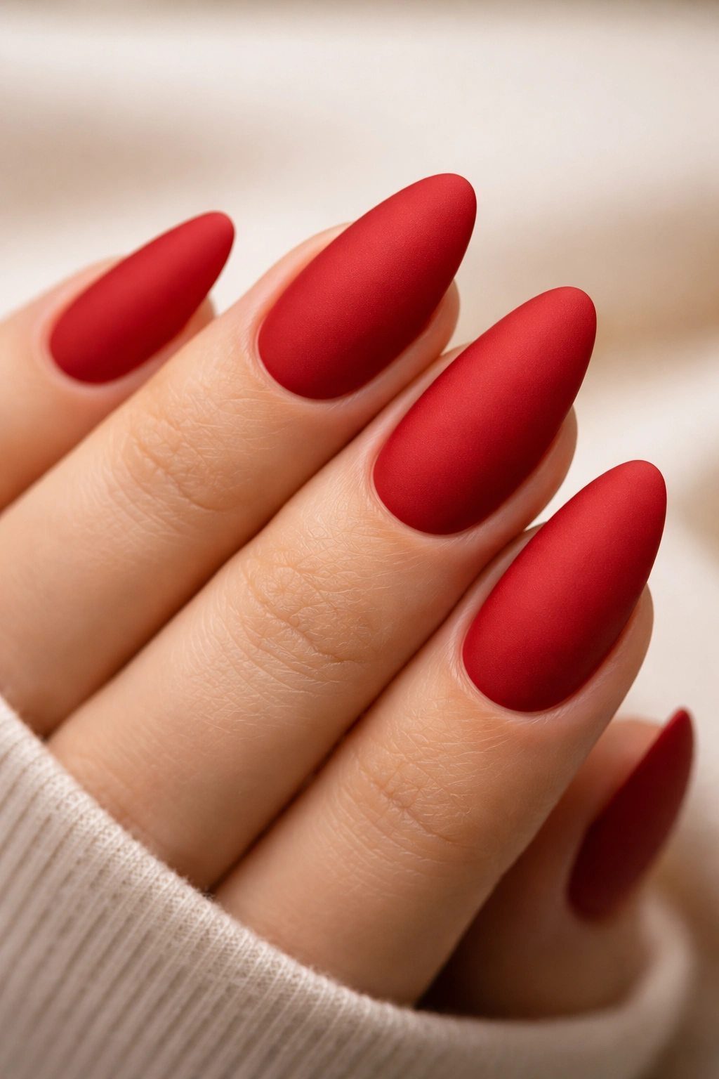 Close-up of matte red almond nails with velvety texture