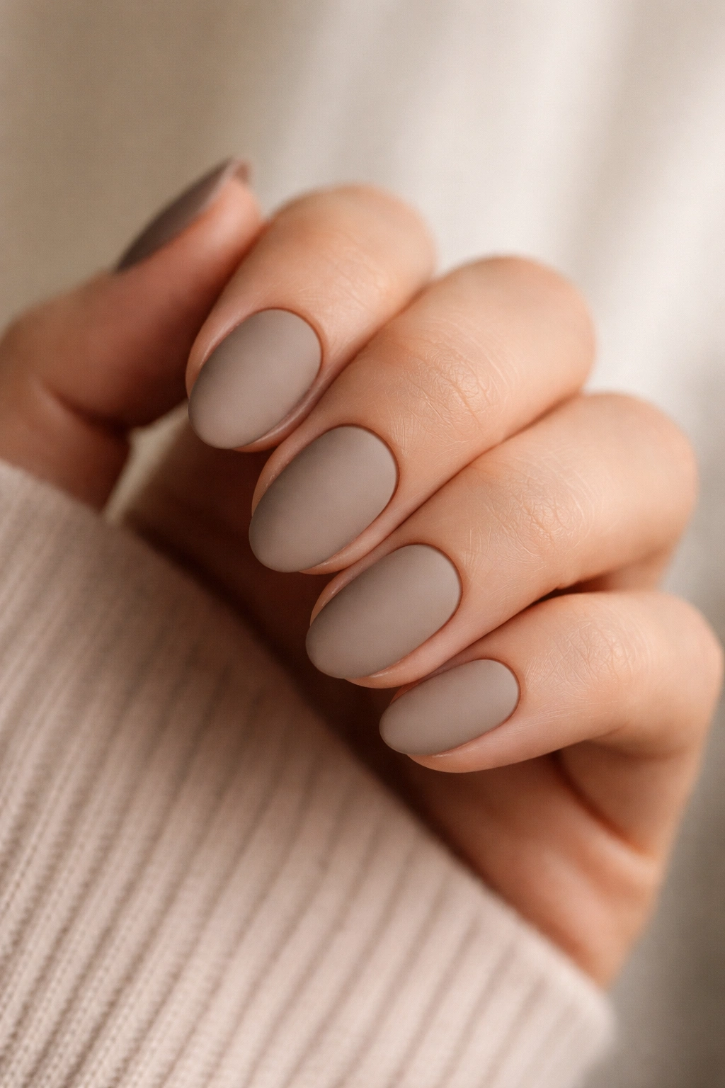 Close-up of matte taupe short almond nails on a hand