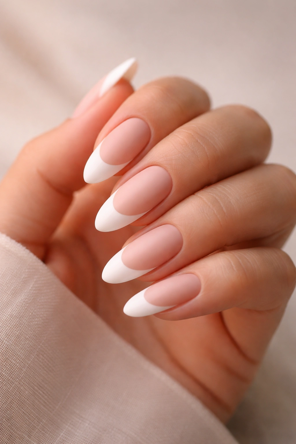 Almond nails with matte white French tips