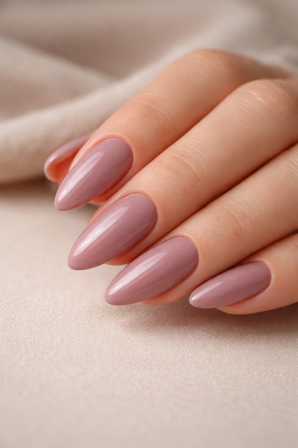 Close-up of almond nails in mauve nude on a hand with neutral background