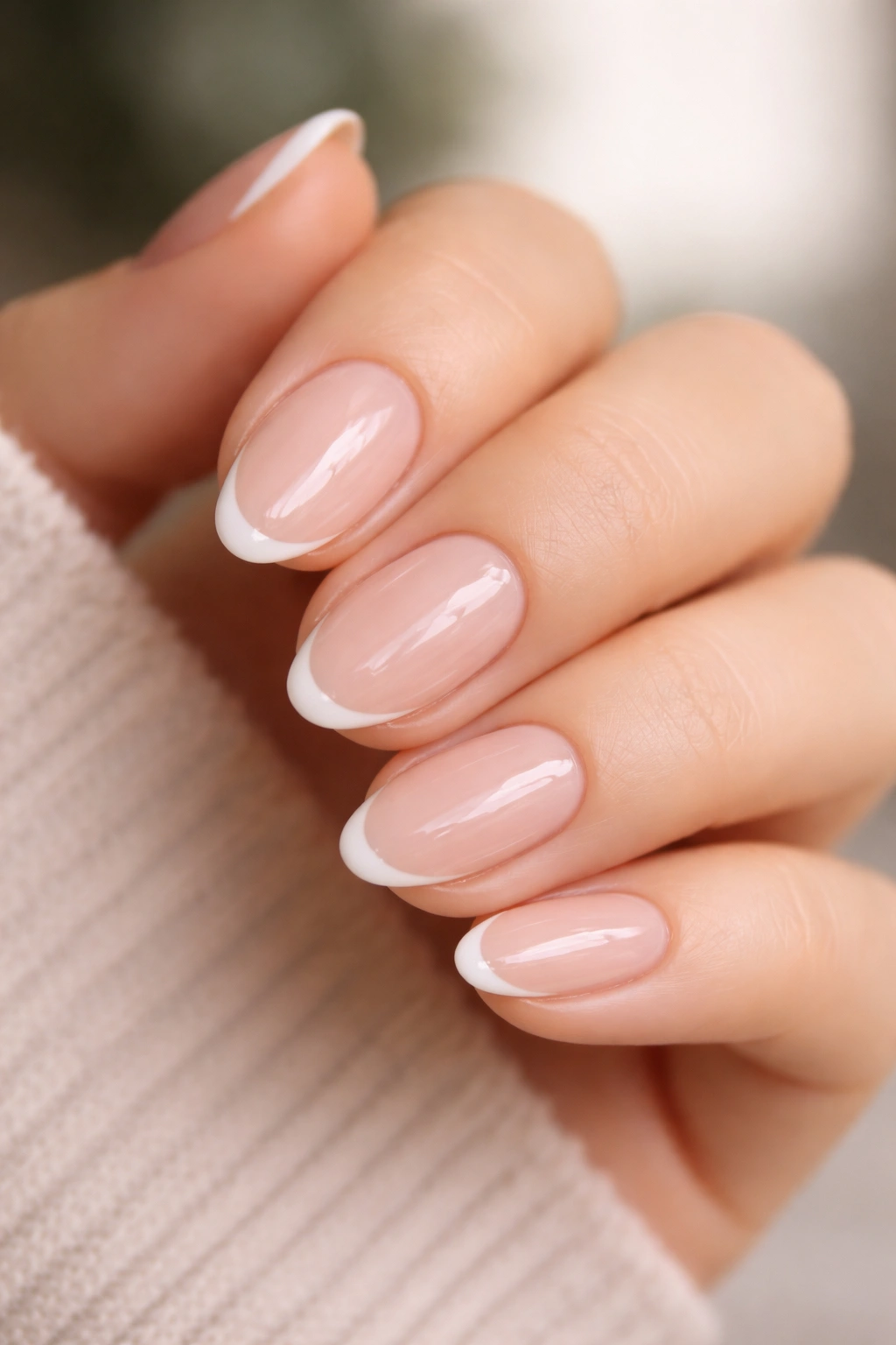 Close-up of short almond nails with a very thin white tip on nude base