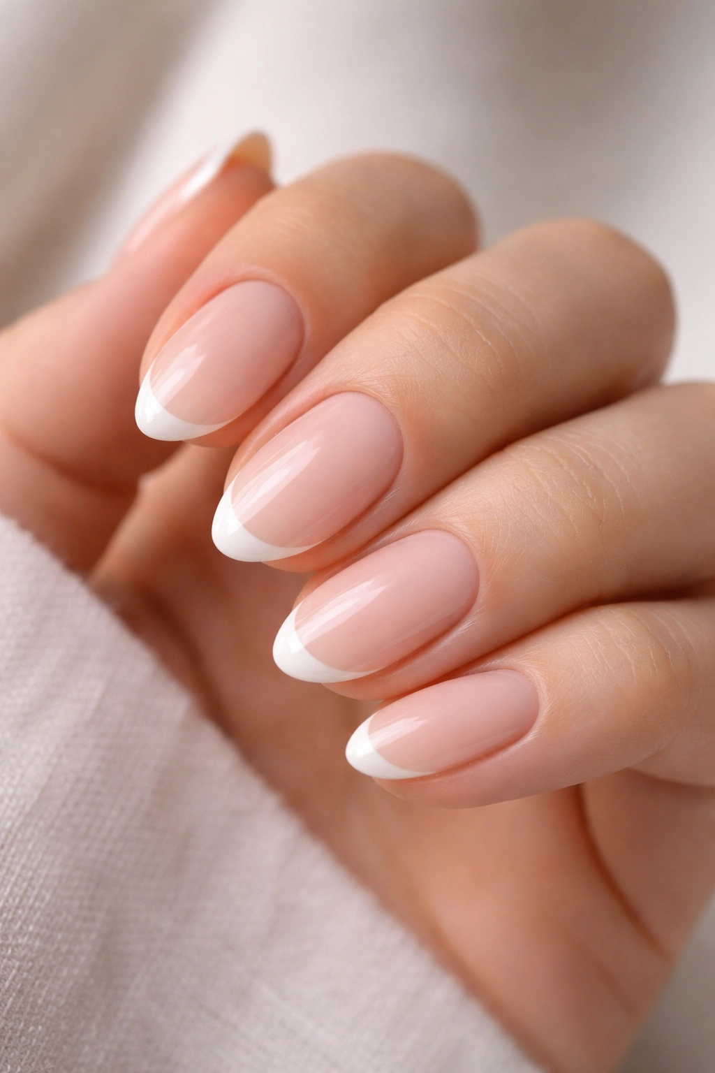 Close-up of short almond nails with a micro white French tip on a sheer nude base