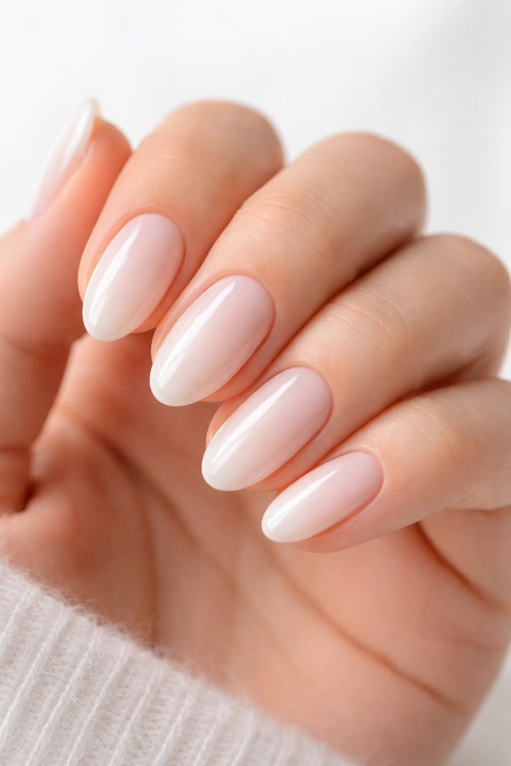 Close-up of short almond nails with a glossy milky finish on a clean background