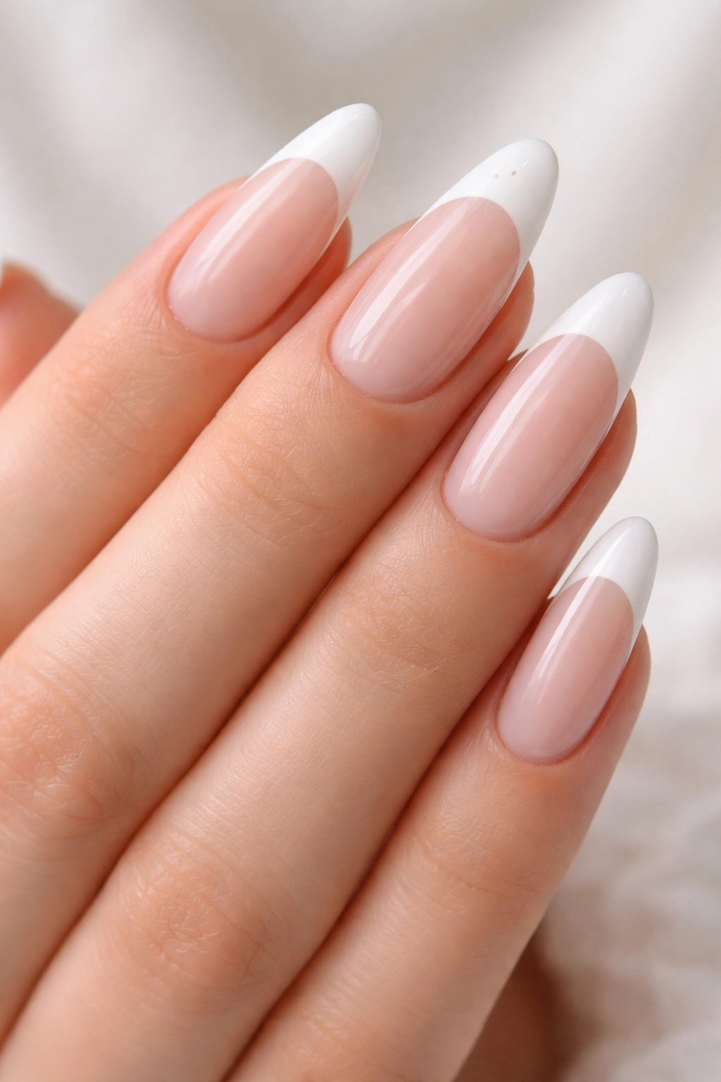 Almond nails with milky white tips and sheer pink base