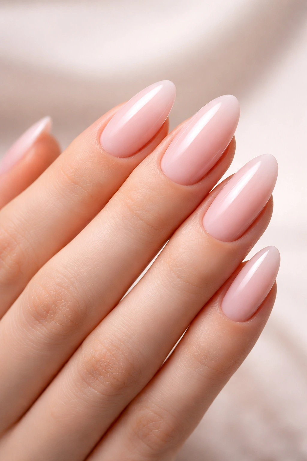 Macro close-up of almond-shaped milky pink nails