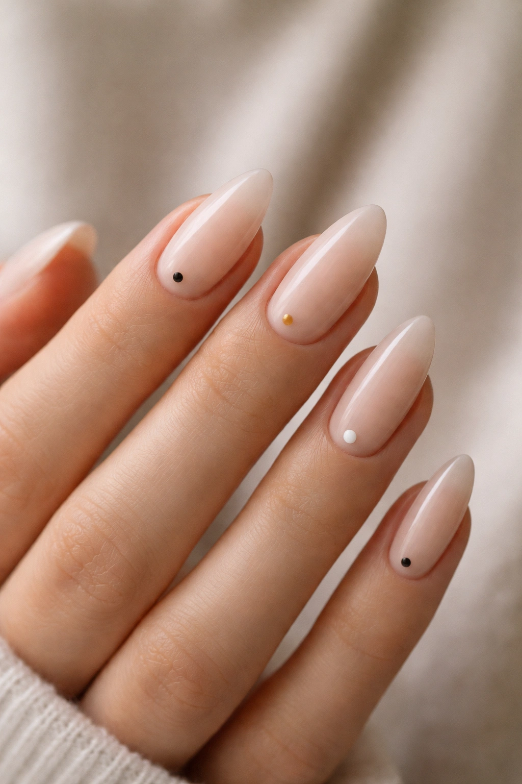 Almond nails with minimal dot art on nude base