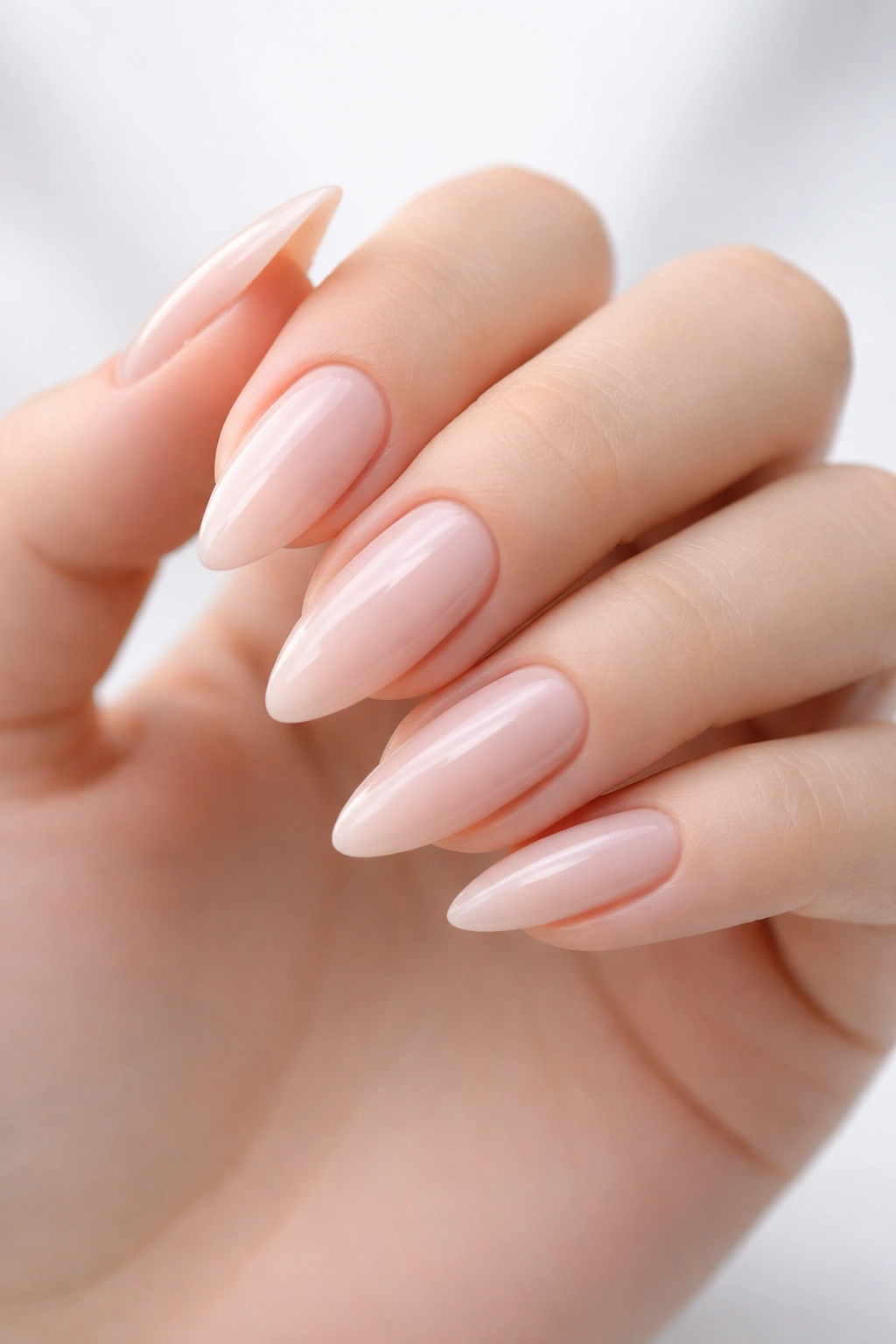 Close-up of hand with almond nails on medium length showing tapered points
